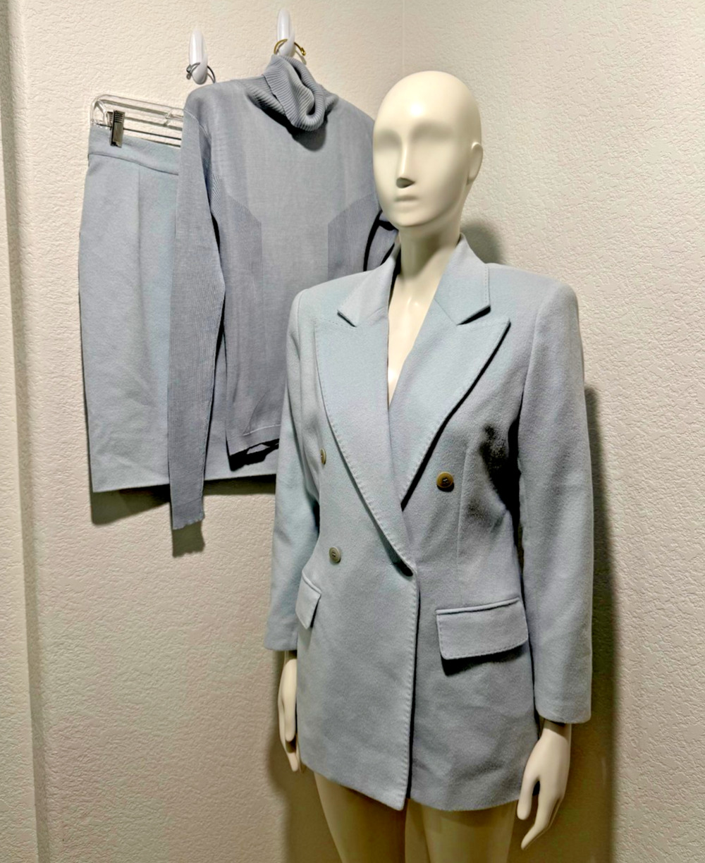 Vintage Votre Nom Paris Womens Blazer Cashmere Skirt Suit 3 Pc Turtleneck S Blue